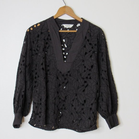 Joie Perci Embroidered Cutwork Top Women's M Black Split Neck Pullover L/S - Picture 6 of 6